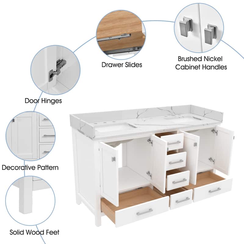 Nephelily 60 inch Transitional White Bathroom Vanity, Double Sinks