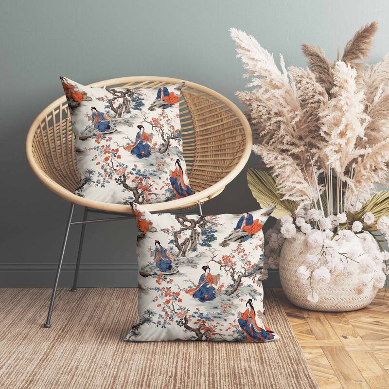 Imperial Palace Garden Indoor/Outdoor Reversible Throw Pillow Blue and Orange