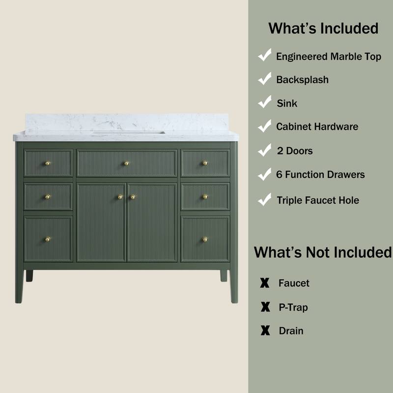 Modland 48" Bathroom Vanity with Sink, Soft Close Drawers & Doors, Carrara Marble Top, Fully Assembled - 48 inch