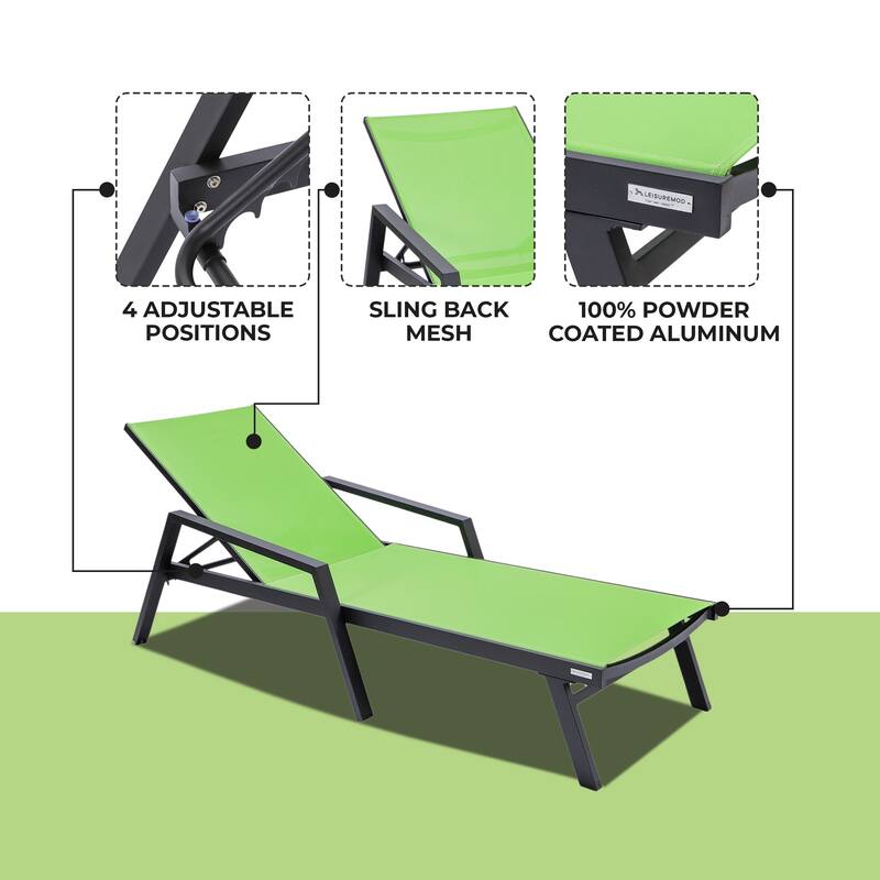 Marlin Outdoor Sun Chaise Lounge Chair with Arms - Stackable Mesh Recliner for Pool, Beach, Patio, Garden, Deck or Backyard