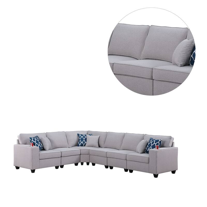 6 Piece Linen Upholstered L-Shape Sectional Sofa in Light Gray