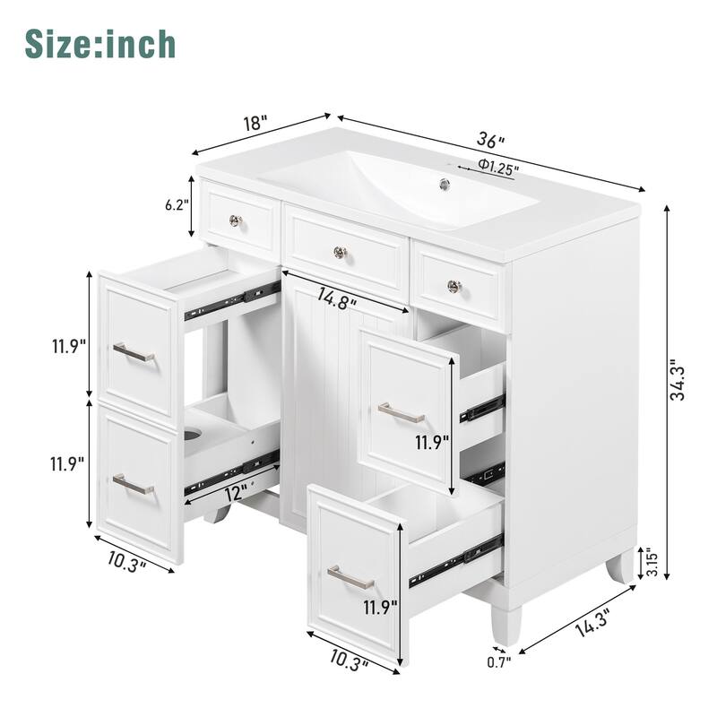 36" Black Bathroom Vanity Cabinet with Single Sink, Soft-Close Door, 3 Drawers, Waterproof Resin Sink