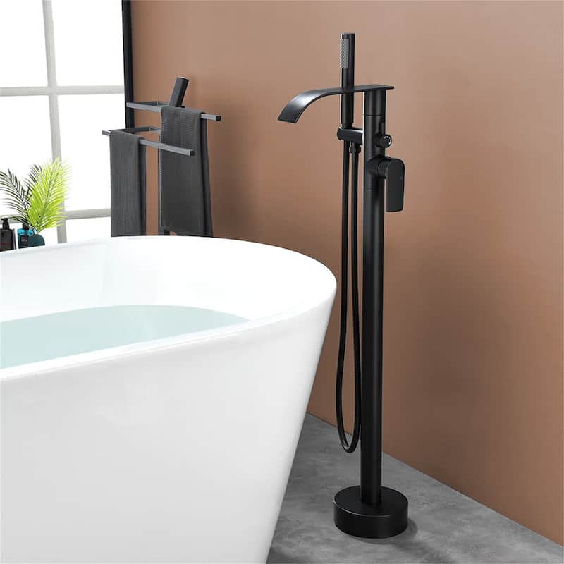 Floor Mount Tub Faucet Matte Black Modern Single Handle Freestanding Bathtub Filler Waterfall