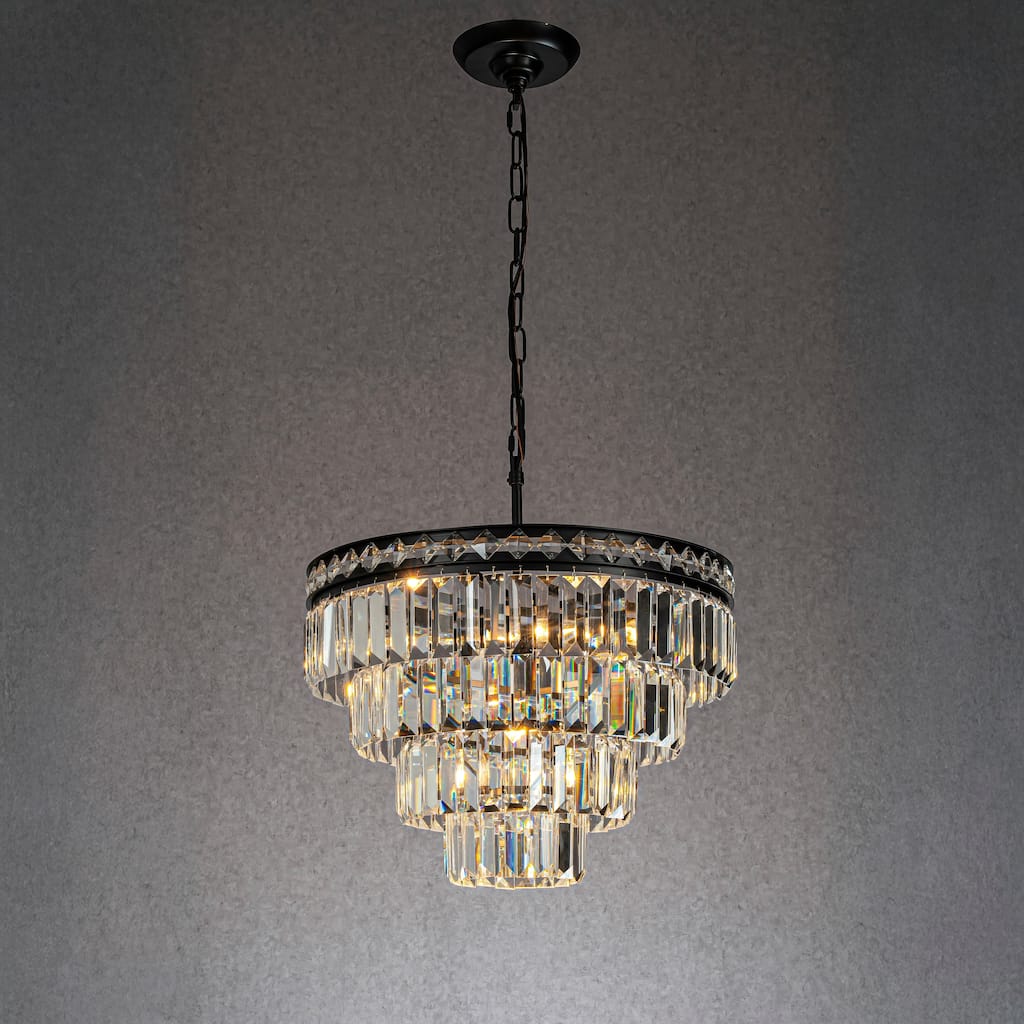 4-Light Modern Classic Crystal Chandelier With Matte Black Finish Tiered Pendant Ceiling Light For Dining Room Bedroom - W18''
