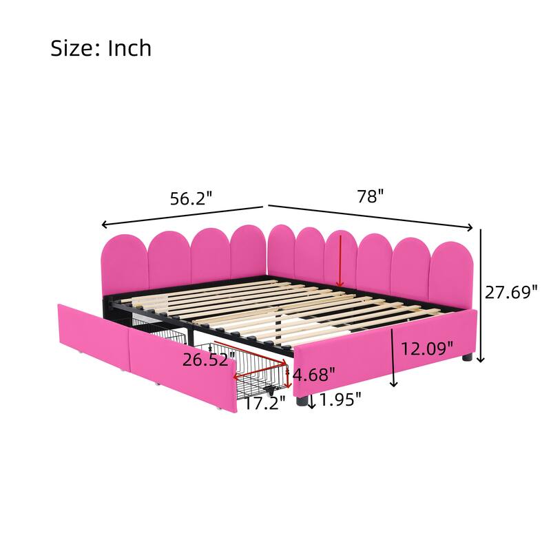 L-Shape Garden Backrest Daybed, Velvet Upholstered Sofabed with 2 Drawers, Soft Fabric Headboard Platform Bed Frame