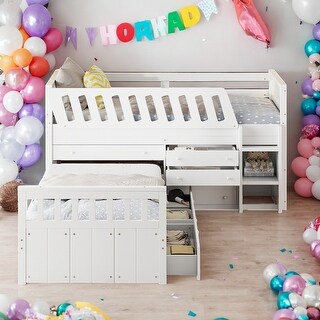 L-shaped Combination Twin Loft Bed and Twin Platform Bed with 7 Drawers and Full Guardrails for Bedroom