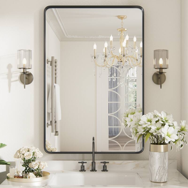 Wall Mirror Vanity Mirror Bathroom Mirror with Round Corner (1 Piece) - 16W * 24H Inches - Black