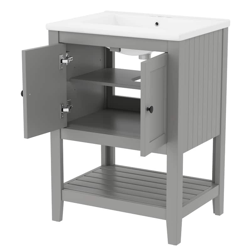 Roomfitters 24" Bathroom Vanity with Ceramic Sink Open Style Shelf Solid Wood Frame Modern Sleek Cabinet