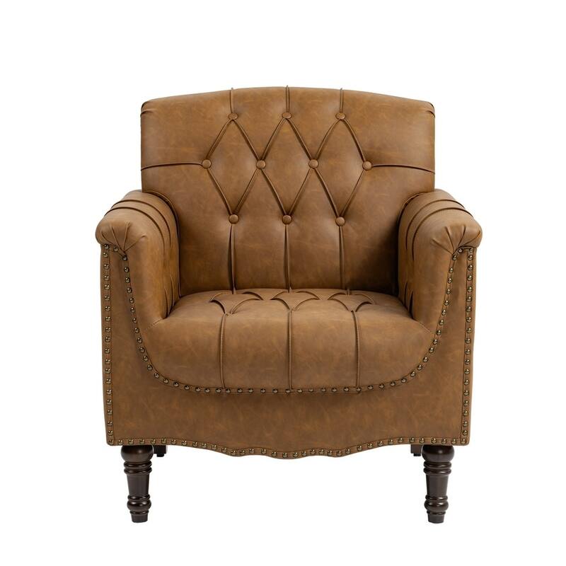 Modern Tufted Accent Chair with Nailhead Trim, Faux Leather Armchair