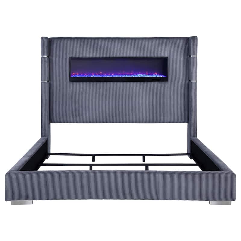 Caro King Bed, Wingback Panel w LED Flame, Gray Corduroy Upholstery