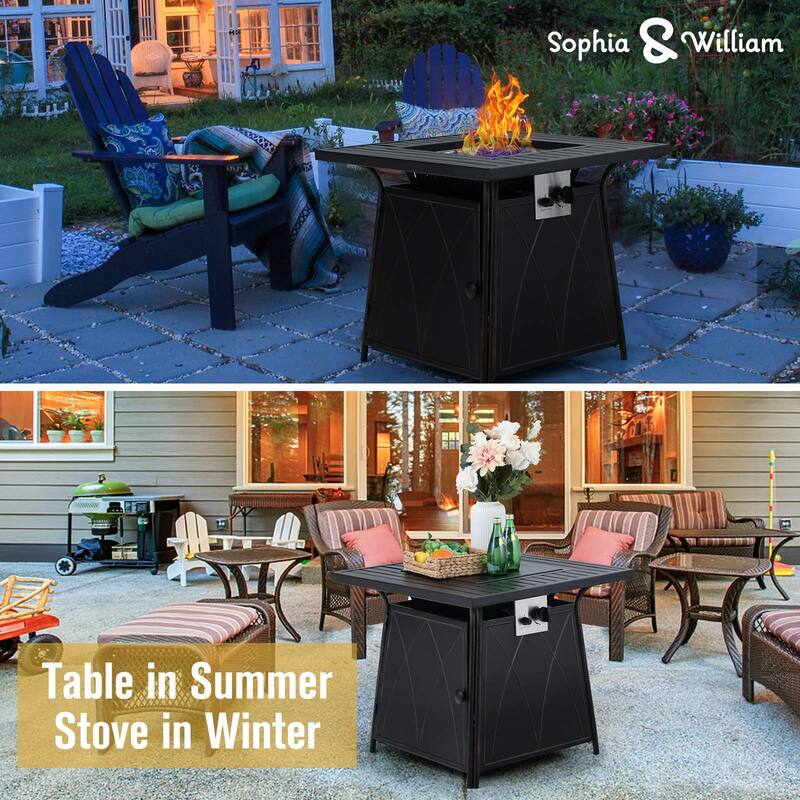 28" Gas Fire Pit Table with 4 Rattan Chairs, 5 Piece Propane Fire Pit Setwith 5Kg Fire Glass