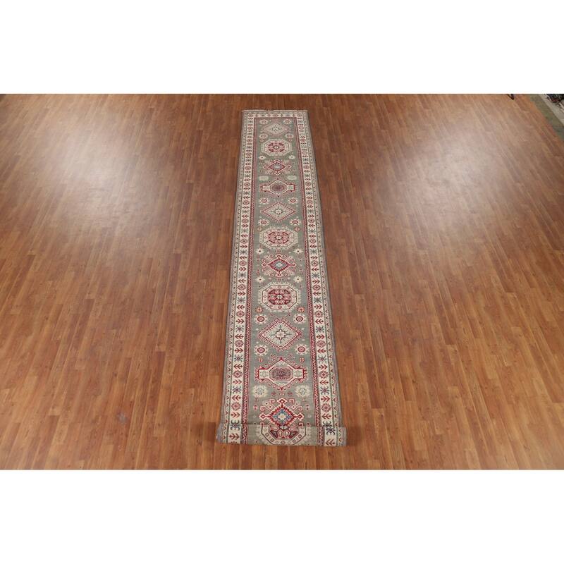 Gray Geometric Kazak Runner Rug Handmade Wool Carpet - 2'9" x 16'5"