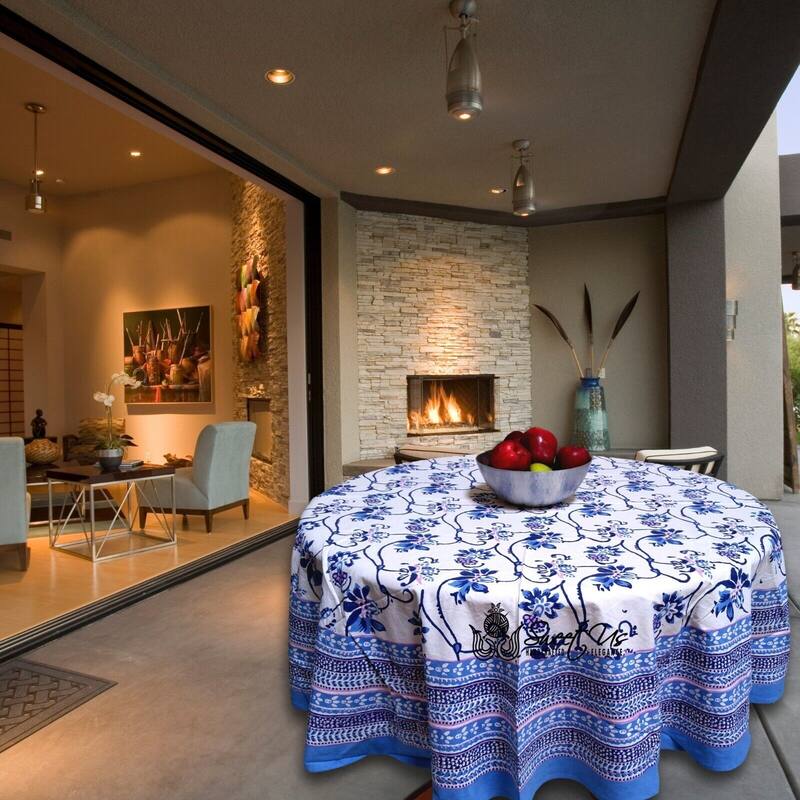 Artistic Floral Block Print Cotton Tablecloth Collection - 72-in Round