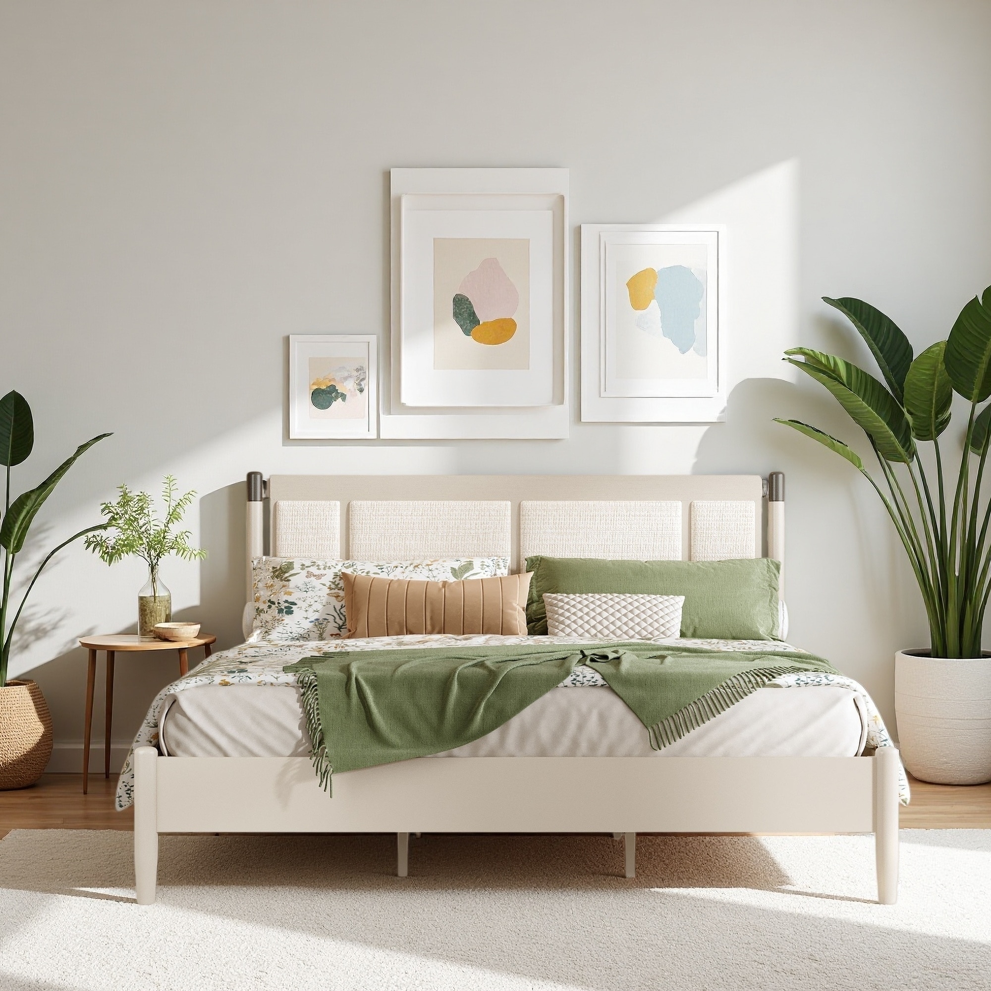 Solid Wood Platform Bed with Upholstered Headboard, Metal Handles, and No Box Spring Needed