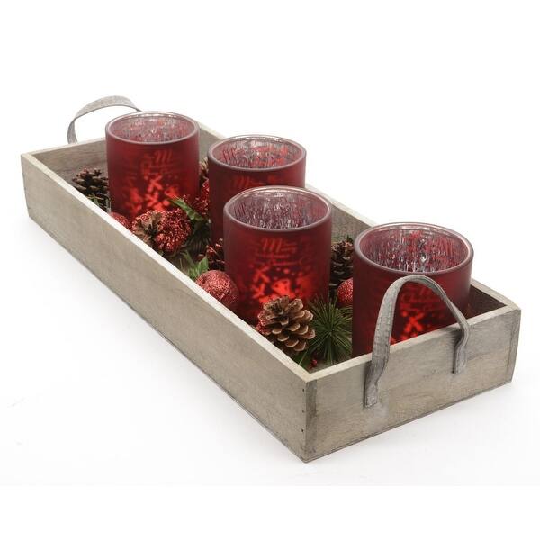 Shop 7 Piece Set Country Cabin Red Glass Tea Light Candle Holders And Tray Christmas Decoration 17 75 Overstock 16561493