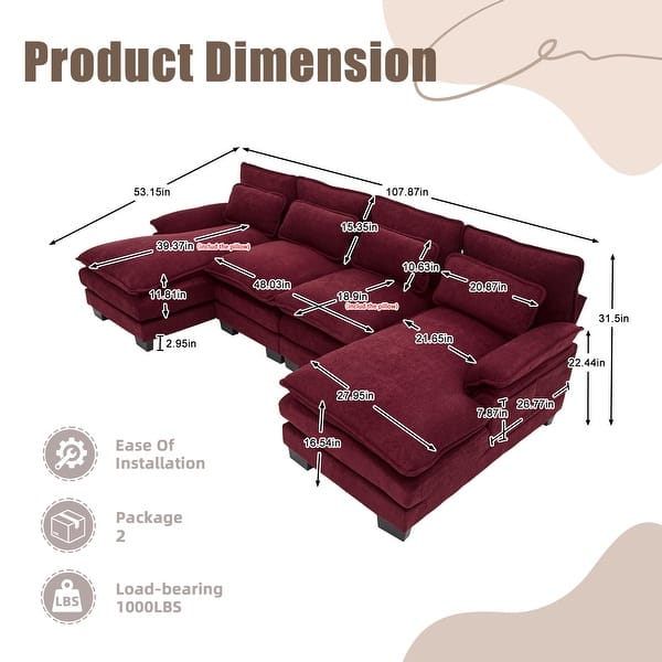 dimension image slide 0 of 7, HOMEFUN Chenille Upholstered U-Shaped Modular Wood Frame Sleeper Sectional Sofa with Double Chaise
