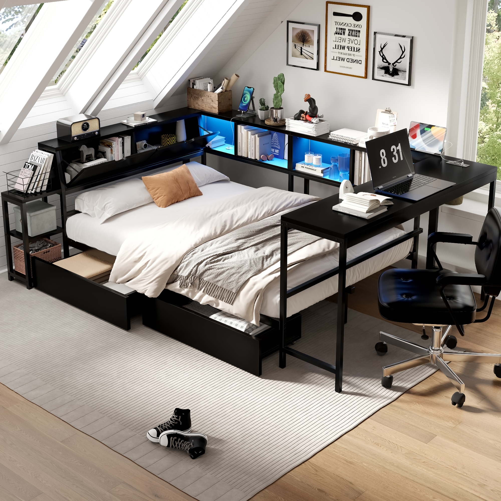 GDFStudio - Modern Corner Bed Frame with Bookcase, 2 Underbed Storage Drawers, LED Lighting & Charging Station