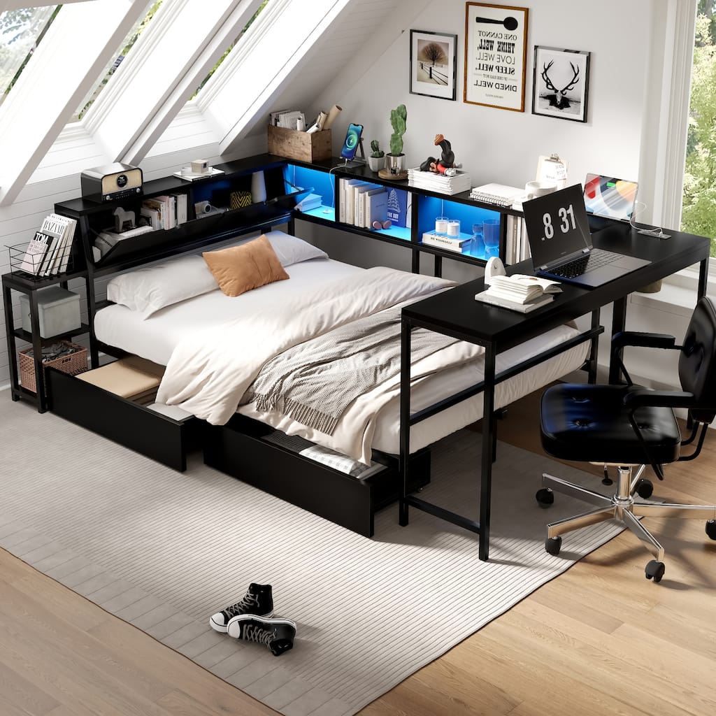 Twin/Full/Queen Corner Bed Frame with LED Lights, Charging Station, Bookcase & 2 Underbed Storage Drawers, Modern Platform Bed