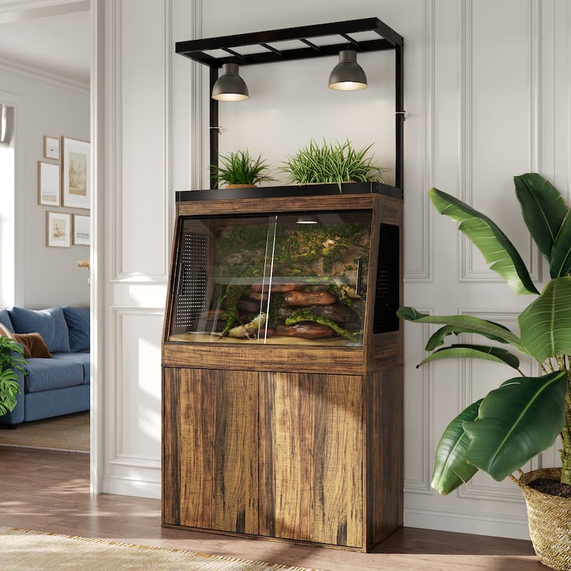 Multi-Functional Reptile Terrarium Cabinet with Sliding Glass Doors, Plant Shelf & Storage Base Vivarium Stand with Lighting Bar