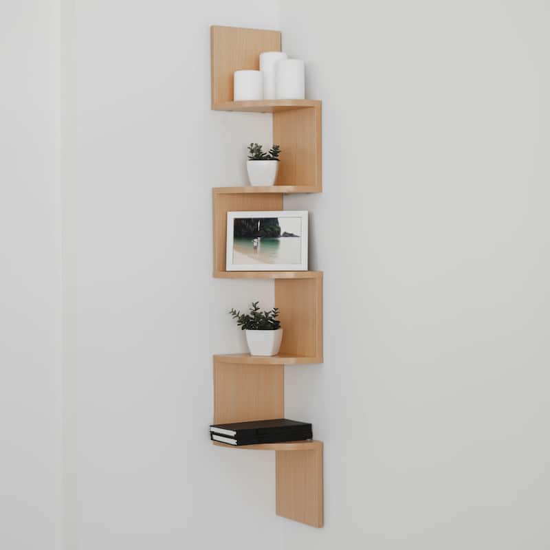 Large Beech Veneer Zig Zag Corner Wall Shelf