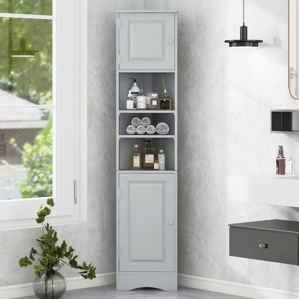 GDFStudio - Evelyn Tall Corner Bathroom Cabinet with Adjustable Shelves and Space-Saving Design