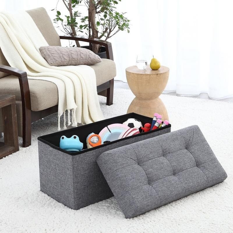 Foldable Tufted Linen Large Storage Ottoman Bench Foot Rest Stool/Seat - 15" x 30" x 15"
