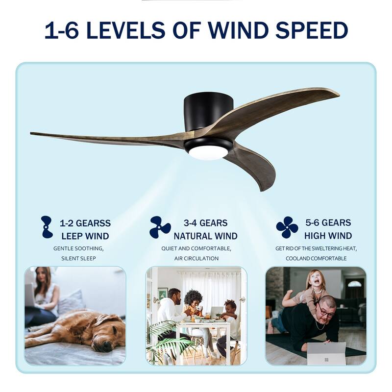 52" Flush Mount Ceiling Fan Solid Wood Blades Ceiling Fan With Light