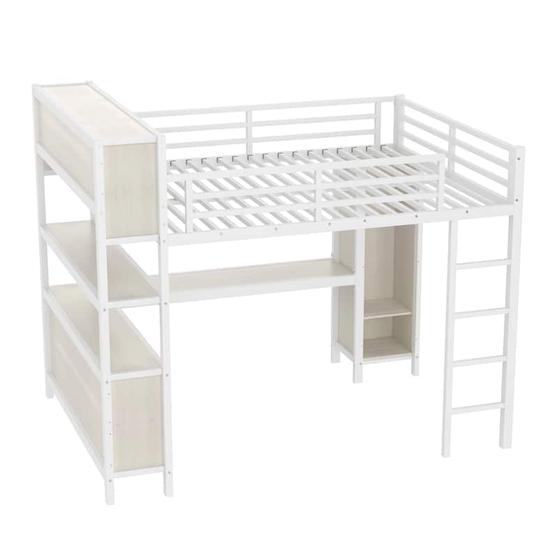 Metal Loft Bed with Wardrobe And L-shaped Desk,Queen Size Loft Bed with Storage Cubes and Shelves,Heavy Duty Loft Bed