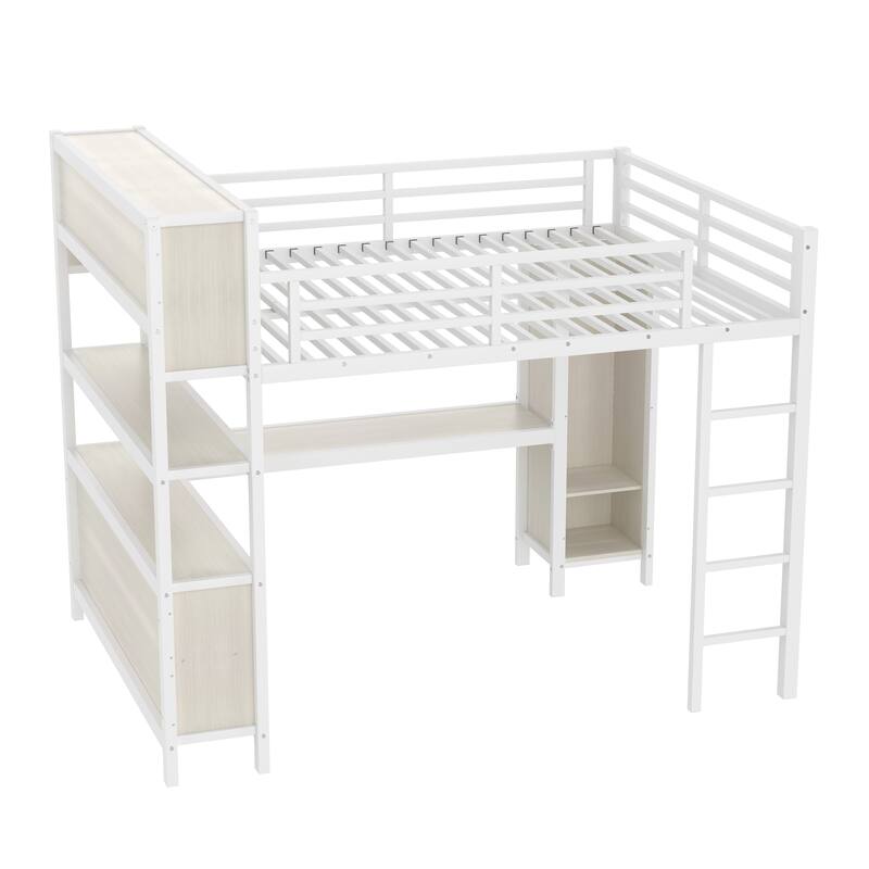 Roomfitters Queen Size Metal Loft Bed with L-Shaped Desk, Wardrobe, Storage Cubes & Shelves, Heavy-Duty Frame