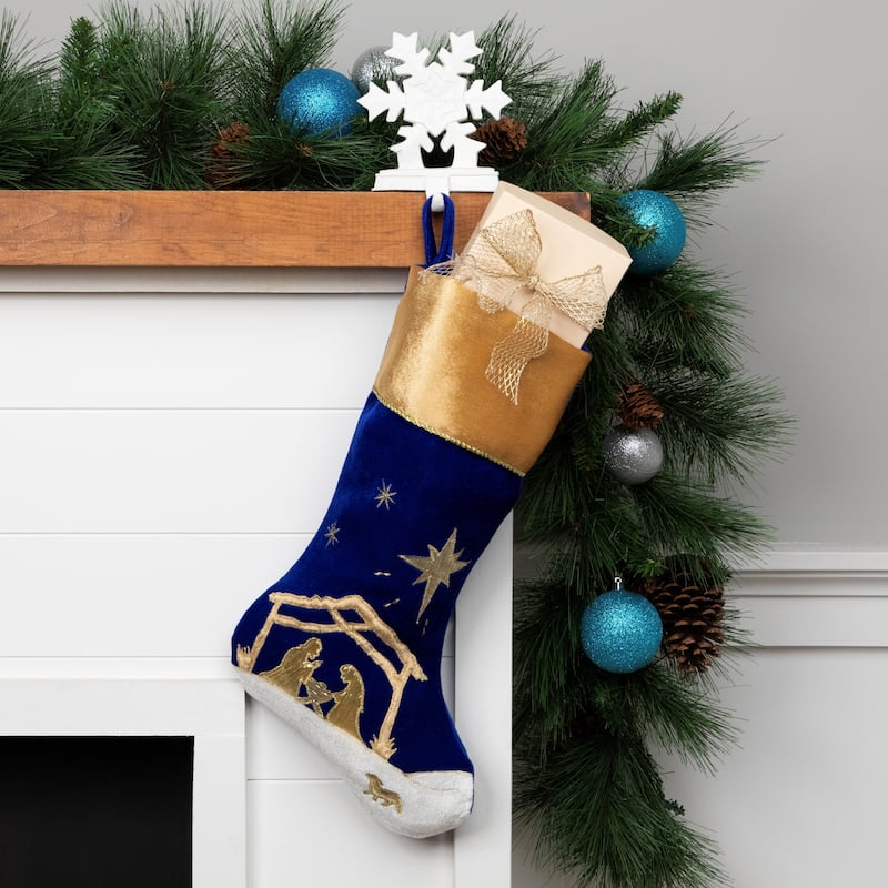 20.5" Blue and Gold Nativity Scene Christmas Stocking with Gold Cuff