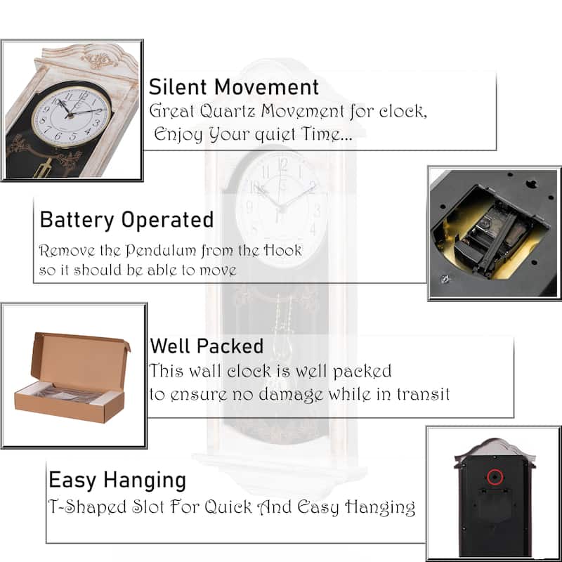 Clockswise Vintage Grandfather Wood-Looking Plastic Pendulum Decorative Battery-Operated Wall Clock Brown, for Home Decor