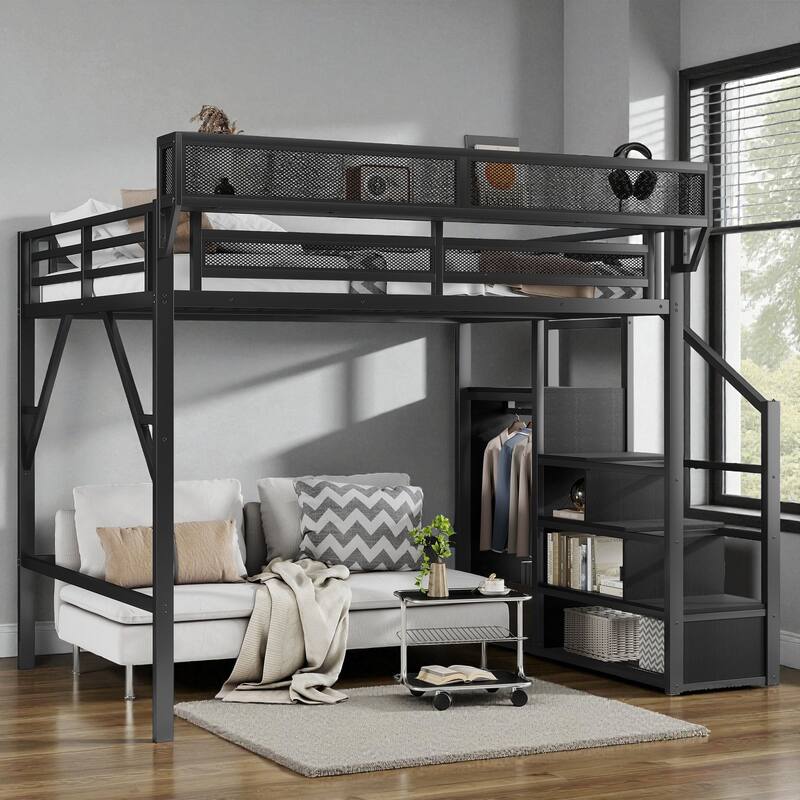 Full/Queen Size Metal Loft Bed with Stairs, Wardrobe, and Storage Shelves, High Loft Bed Frame for Kids and Teens - Black - Queen
