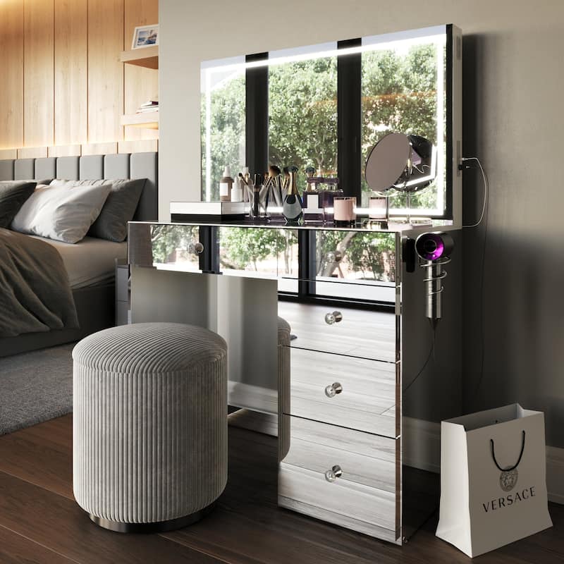 Boahaus Emilia Vanity Desk with Bluetooth Speakers & LED Mirror