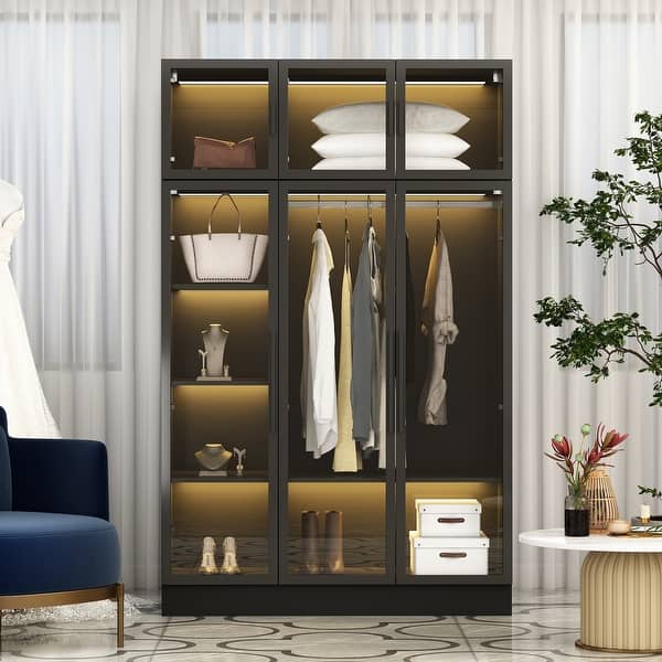 Lighted Modern Glass Door Wardrobe Armoire with Ample Storage - 47.2"