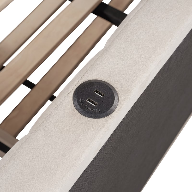 Full Size Daybed with Pull-Out Lift-Up Trundle, Upholstered Daybed Platform Bed with Stripes L-Shaped Backrest and Wood Slats