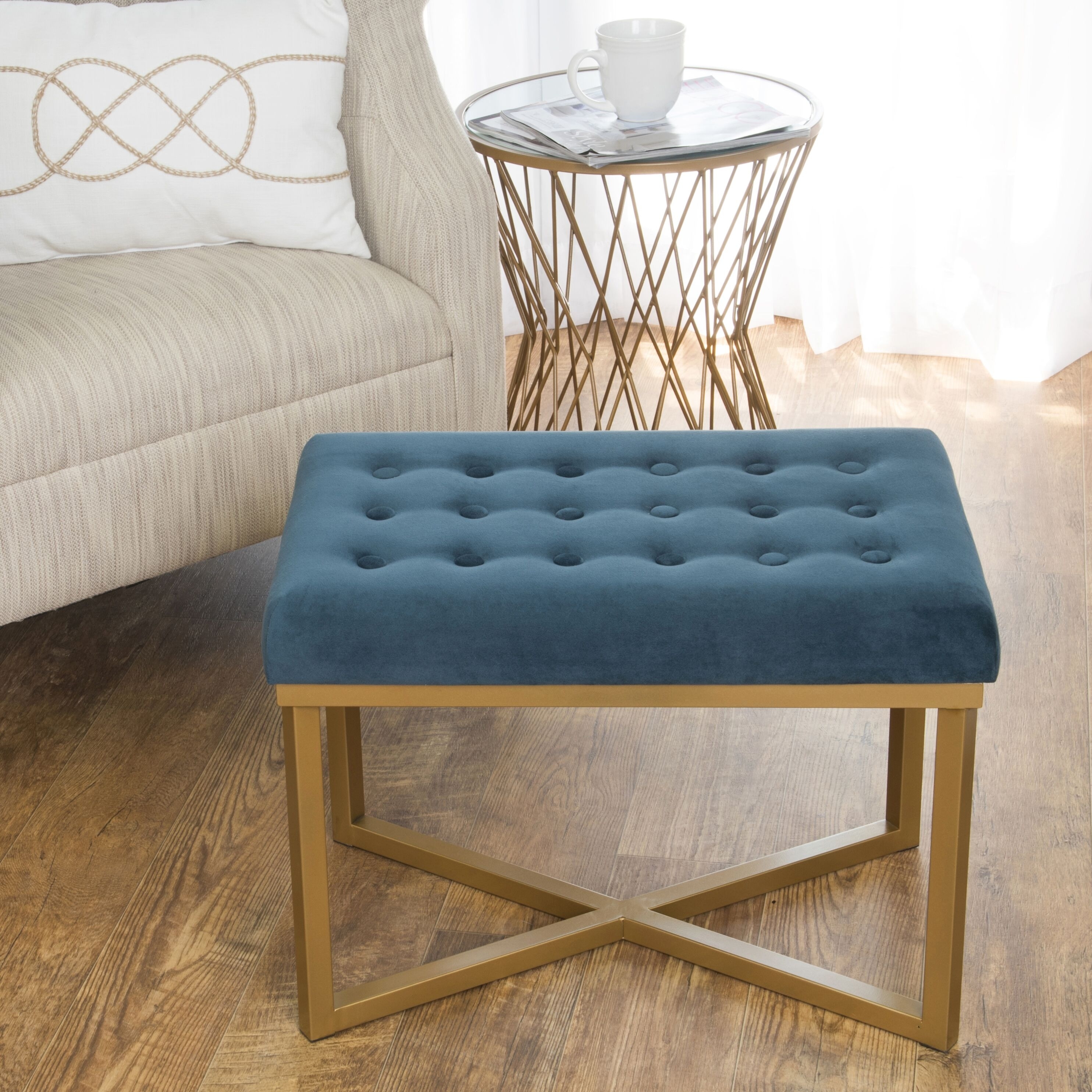 Silver Orchid Pugo Rectangular Ottoman with Midnight Velvet Tufted