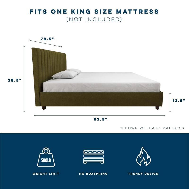 Roomfitters Brittany King Size Upholstered Bed Frame with Ribbed Tufted Headboard, Linen Fabric, Green