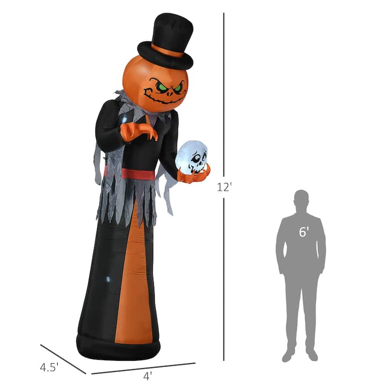 HOMCOM 12ft Halloween Inflatables, Pumpkin Reaper with Skeleton Skull, Outdoor Giant Blow Up Yard Decoration with Build-in LED