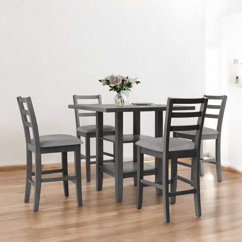 5-Piece Wooden Counter Height Dining table Set with Padded Chairs & Storage Shelf for Dining Room and Kitchen - Gray
