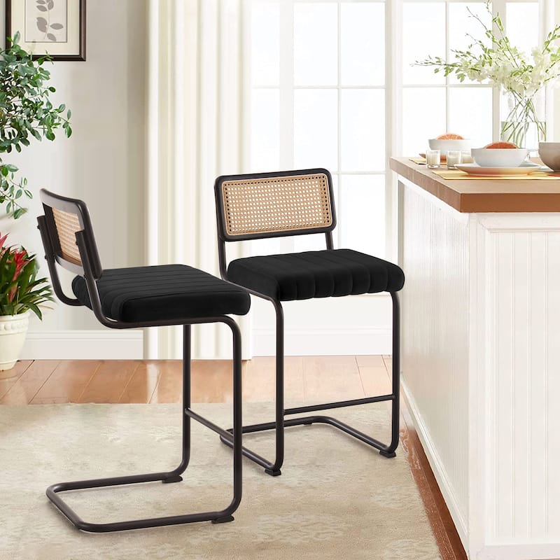 Velvet Upholstered Rattan Counter/Bar Stools, Set of 2/3