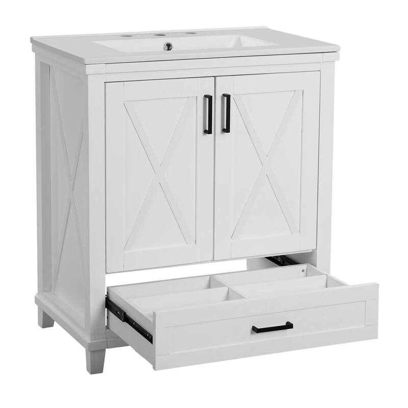 30-inch Bathroom Vanity with Single Sink, Solid Wood Frame + MDF, 2 Soft-Close Doors, 1 Divided Drawer, Dual Storage Shelves