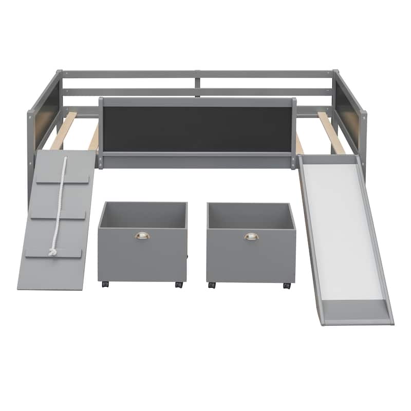 Twin size Loft bed Wood bed with Two Storage Boxes - Gray