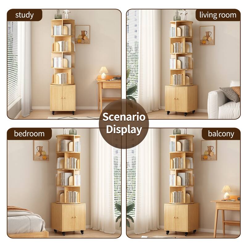 360 Degree Display 5 Tier Corner Bookshelf with Drawer, Floor Standing Bookcase Storage Rack, Wood Narrow Book Shelf Organizer