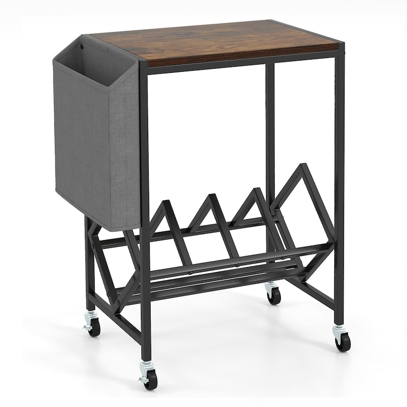 2 Tier Vinyl Record Stand with Turntable Table Magazine Holder Industrial Metal Frame Storage Shelf with Wheels - Rustic Brown