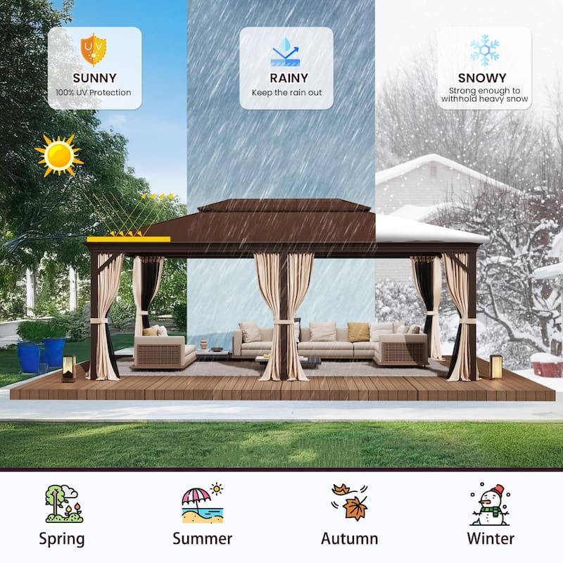 Erommy Hardtop Gazebo with Aluminum Frame and Double Roof, Permanent Outdoor Gazebo Includes Curtains&Netting for Patio Backyard