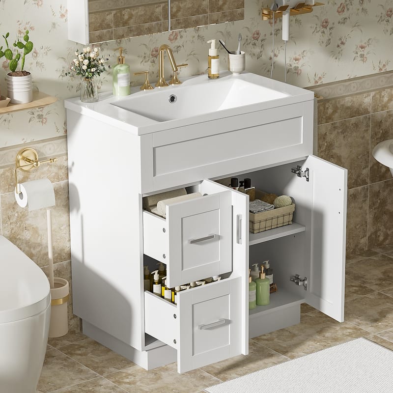 30" Bathroom Vanity Set / 60" Double Bathroom Vanities with SMC Resin Sinks - White - Left Drawers - 30 Inch