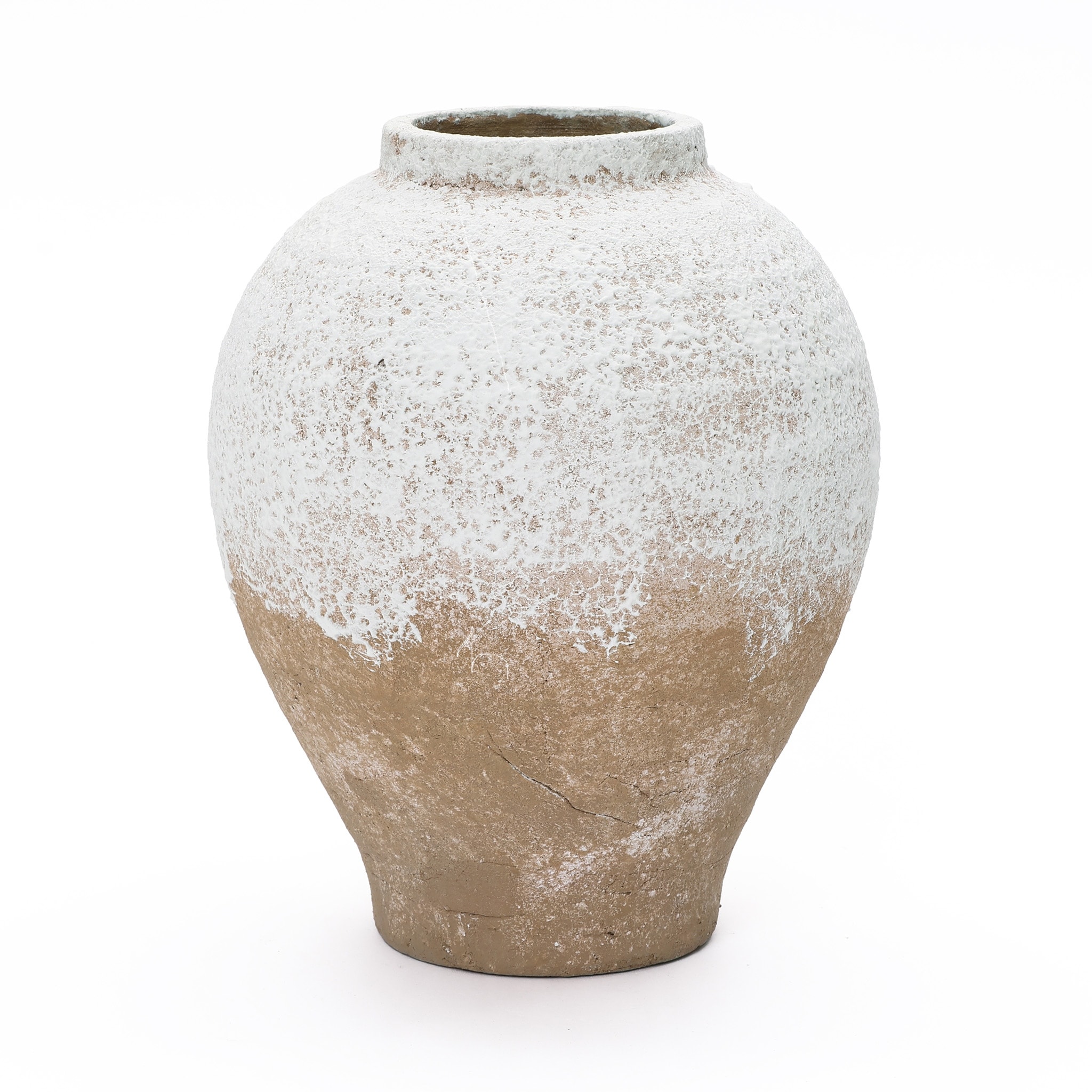 Rustic White & Brown Terracotta Vase, Vintage Wide-Body, Narrow-Mouth Accent