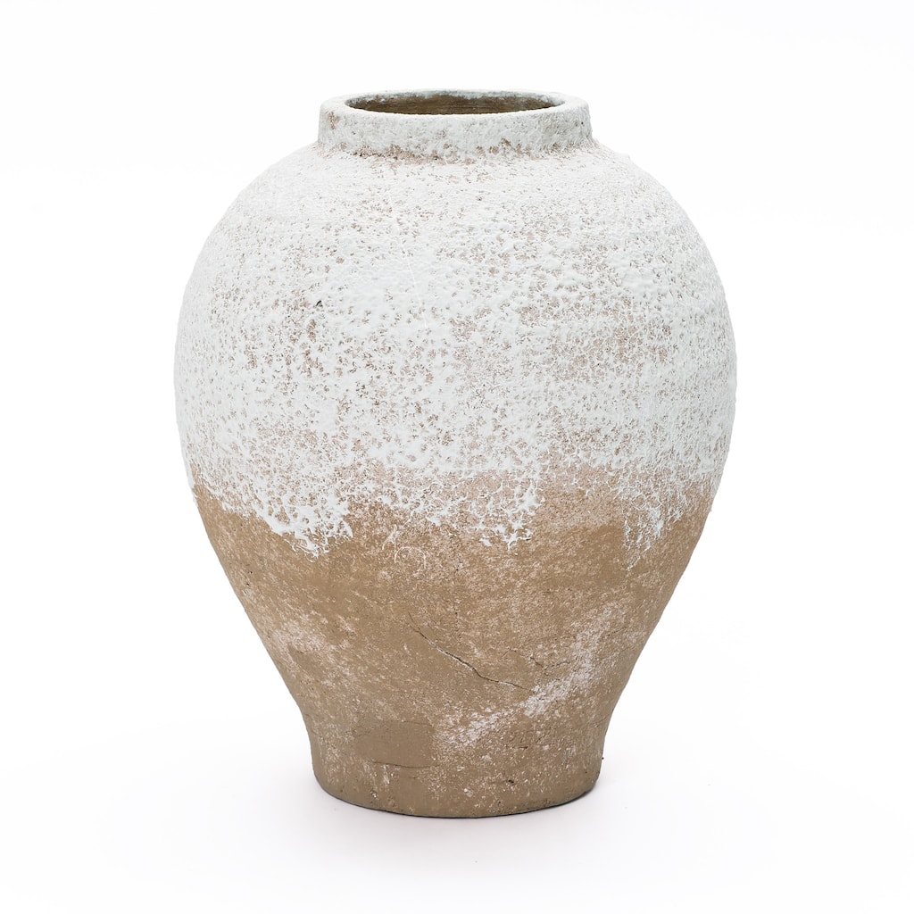 Rustic White & Brown Terracotta Vase, Vintage Wide-Body, Narrow-Mouth Accent