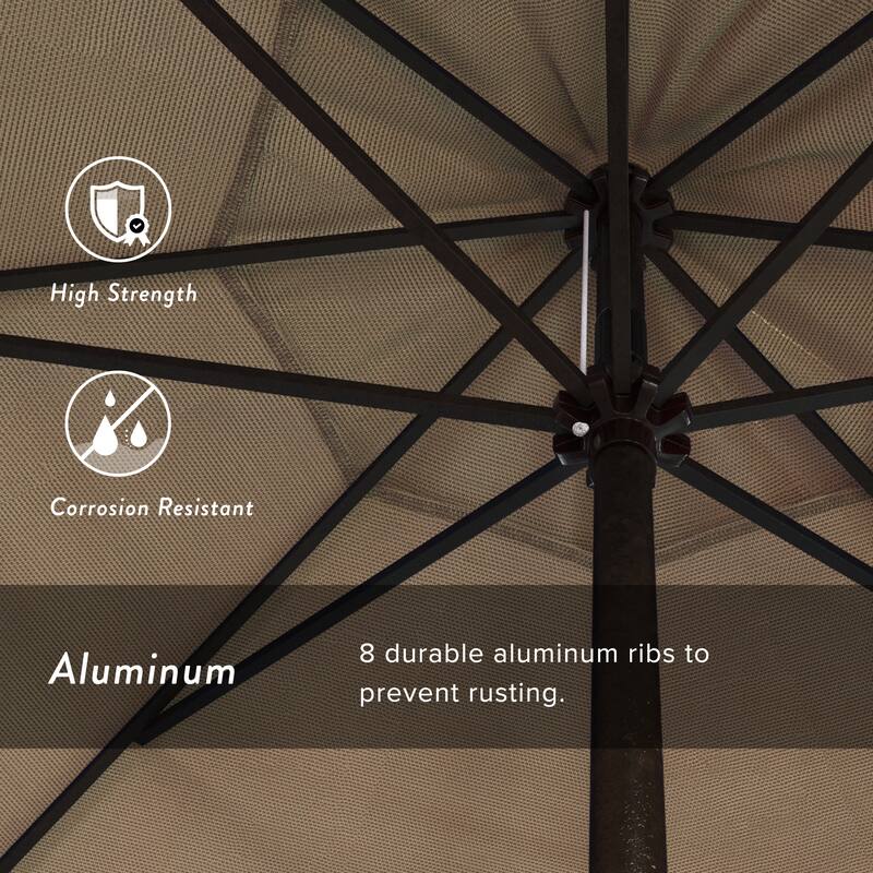 California Umbrella 7.5' Round Crank Lift Auto Tilt 8 Rib Aluminum Patio Umbrella, Bronze Finish, Olefin Royal Blue Fabric