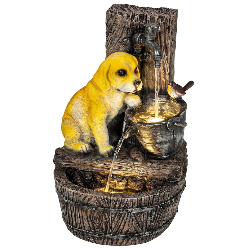 Outsunny 22" Outdoor Fountain with 3-Tier Puppy Theme, Cascading Waterfall Feature with LED Lights and Adjustable Flow